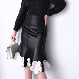 Trend4us Women's Elegant Leather 3D Flower Applique Skirt