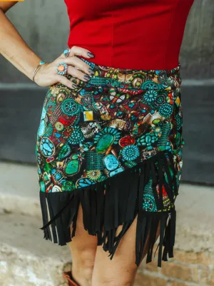 Turquoise Stone Jewelry Printed Wrap Fringe Skirt