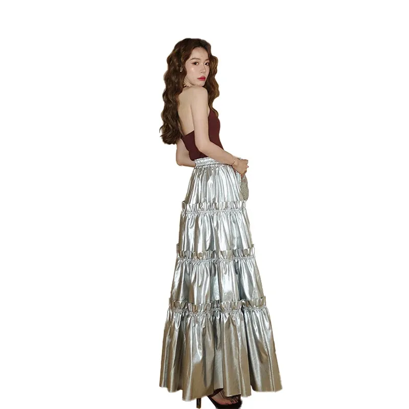 Vegan Leather Tiered Silver Skirt