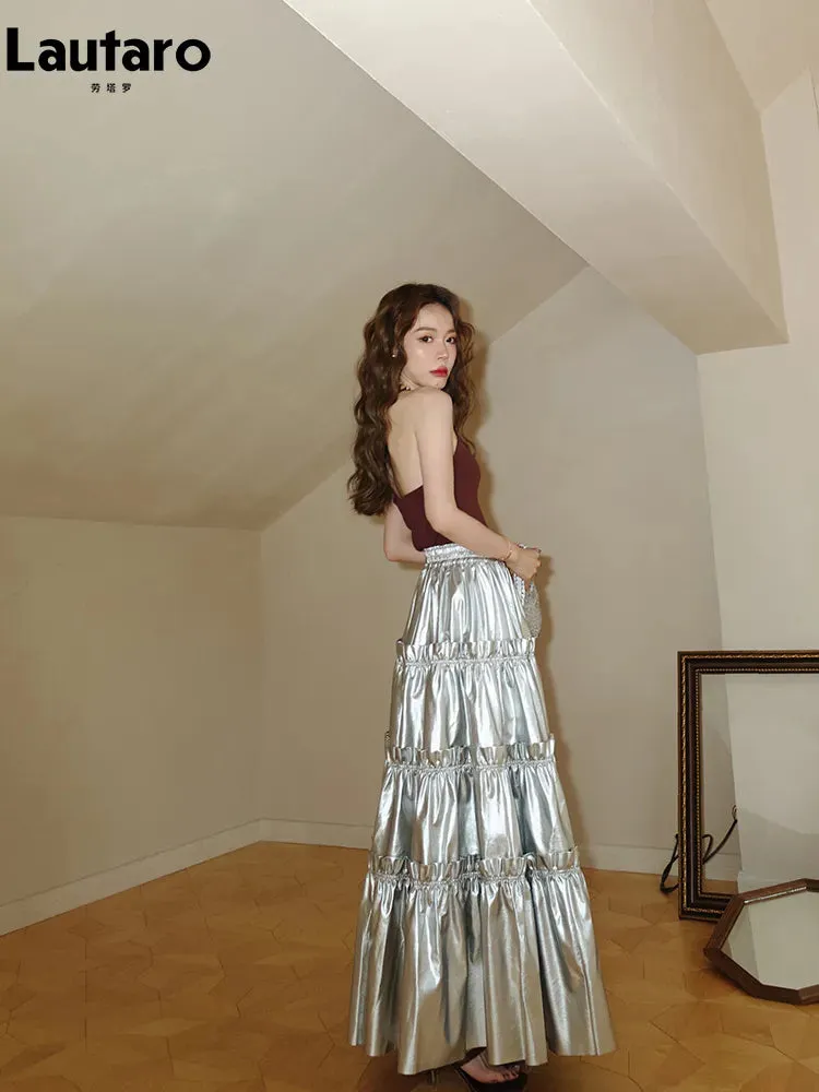 Vegan Leather Tiered Silver Skirt