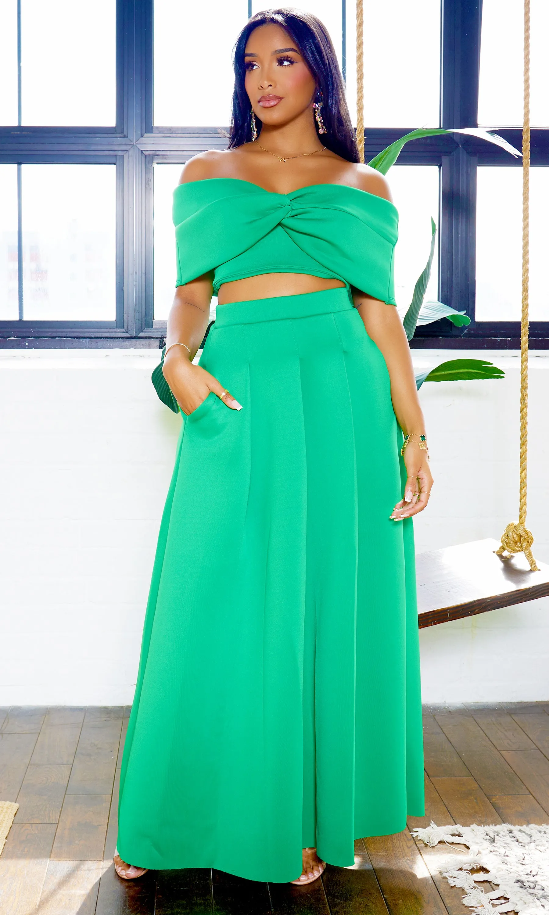 Veronica | Off The Shoulder Crop Skirt Set - Green FINAL SALE