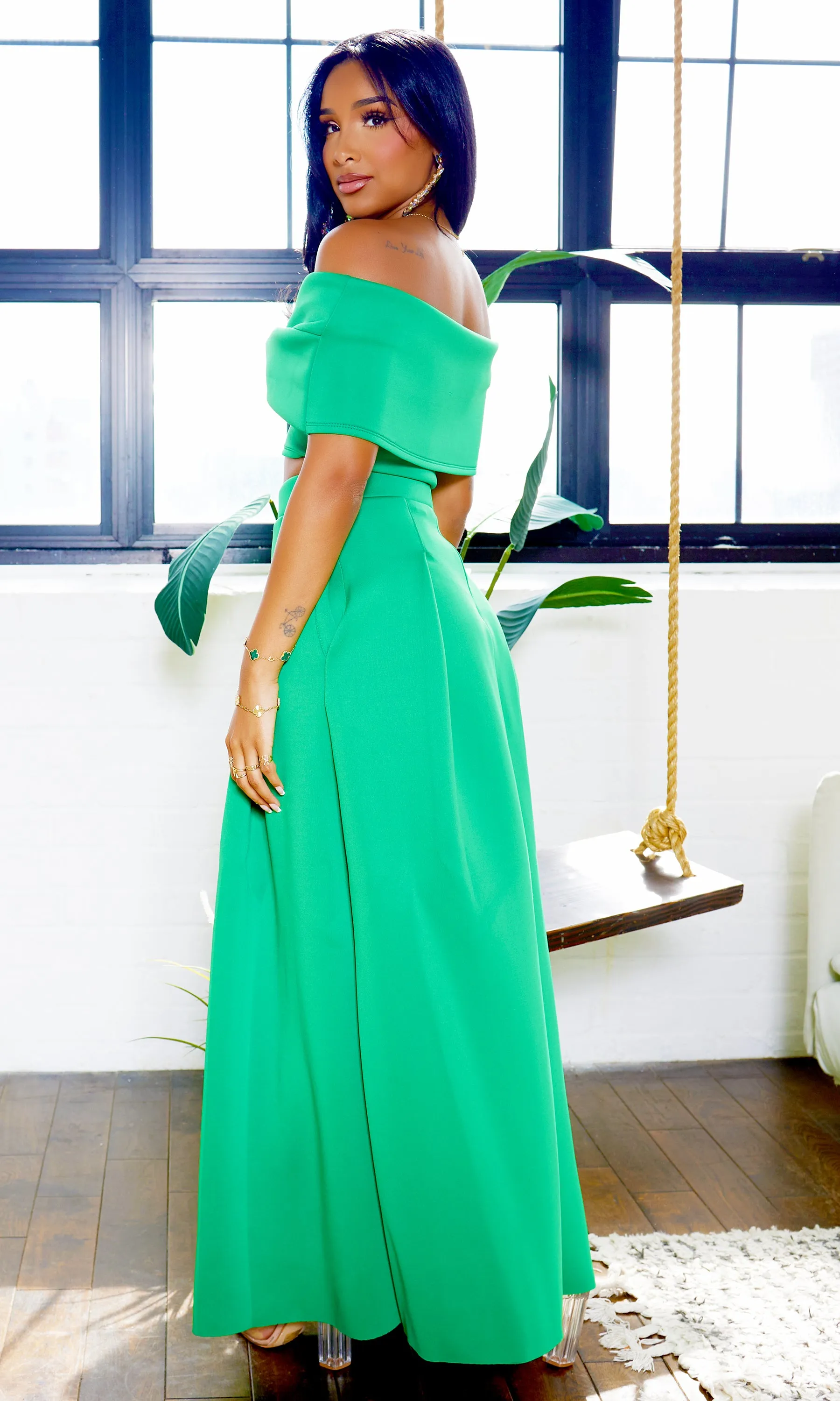 Veronica | Off The Shoulder Crop Skirt Set - Green FINAL SALE