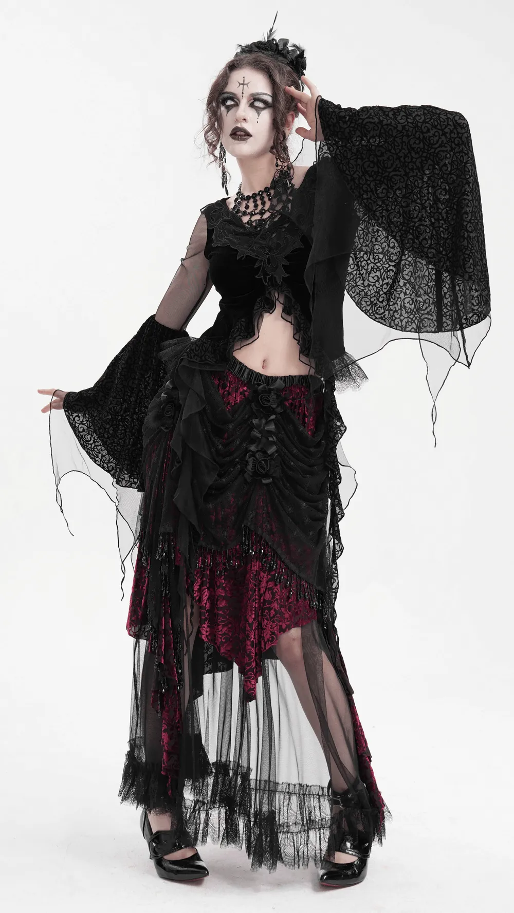 Victorian Gothic Layered Skirt with Lace and Beading