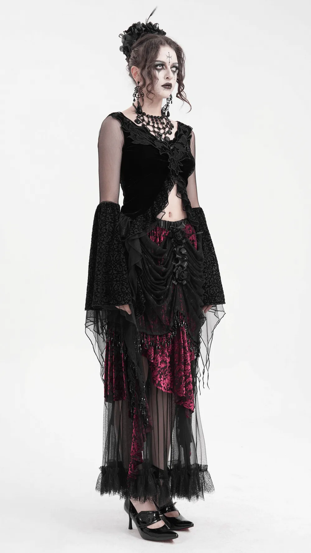 Victorian Gothic Layered Skirt with Lace and Beading