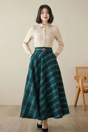 Vintage Inspired Long Wool Plaid Skirt 4628