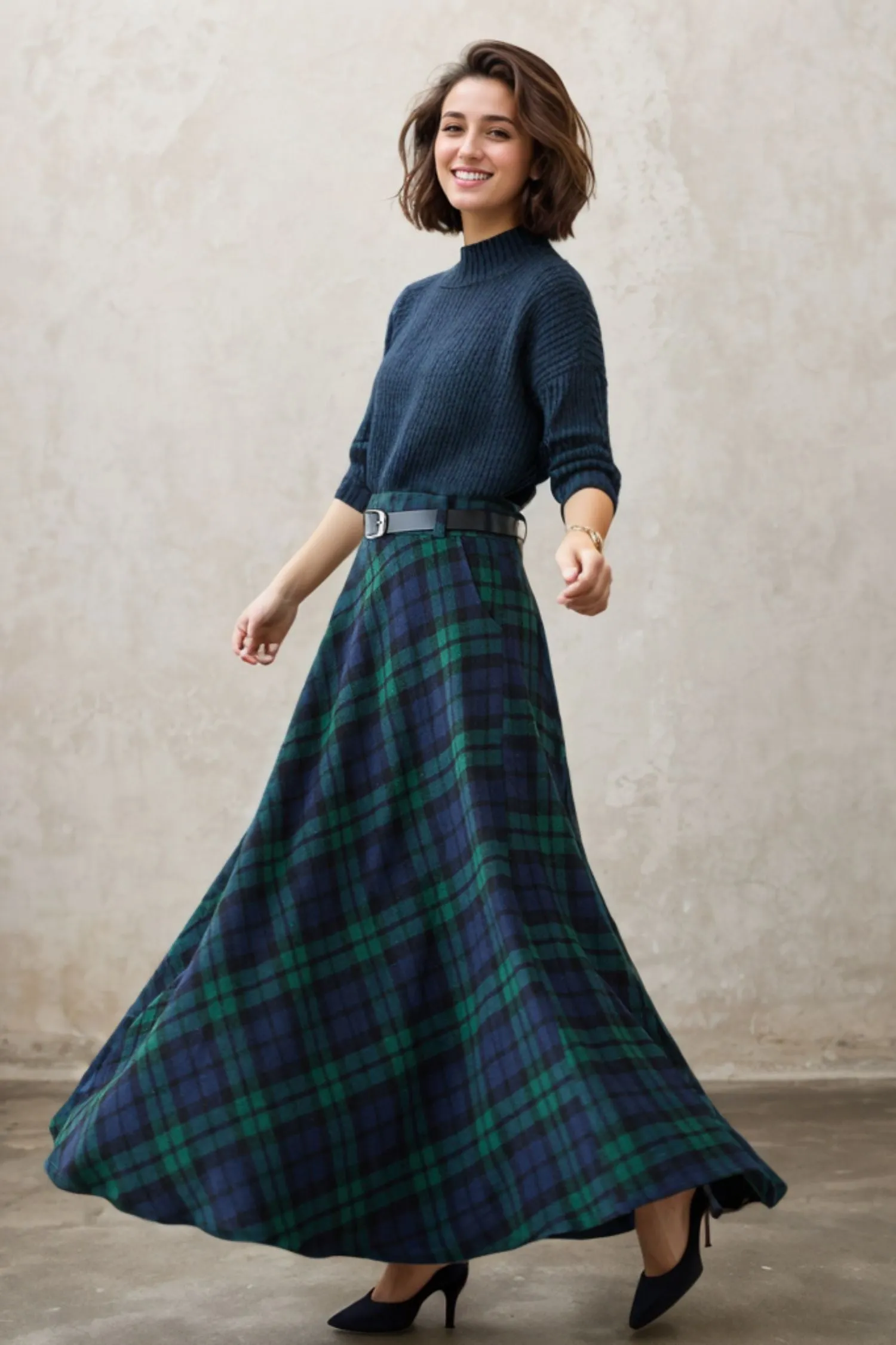 Vintage Inspired Long Wool Plaid Skirt 5258