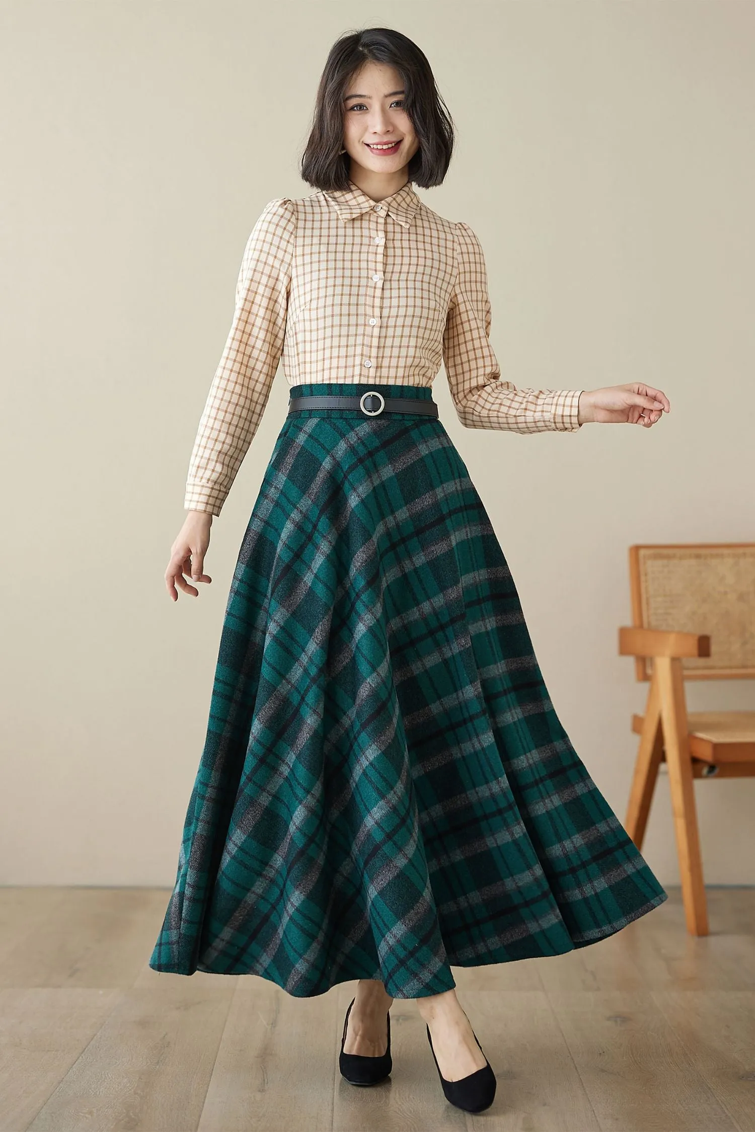 Vintage Inspired Long Wool Plaid Skirt 5264