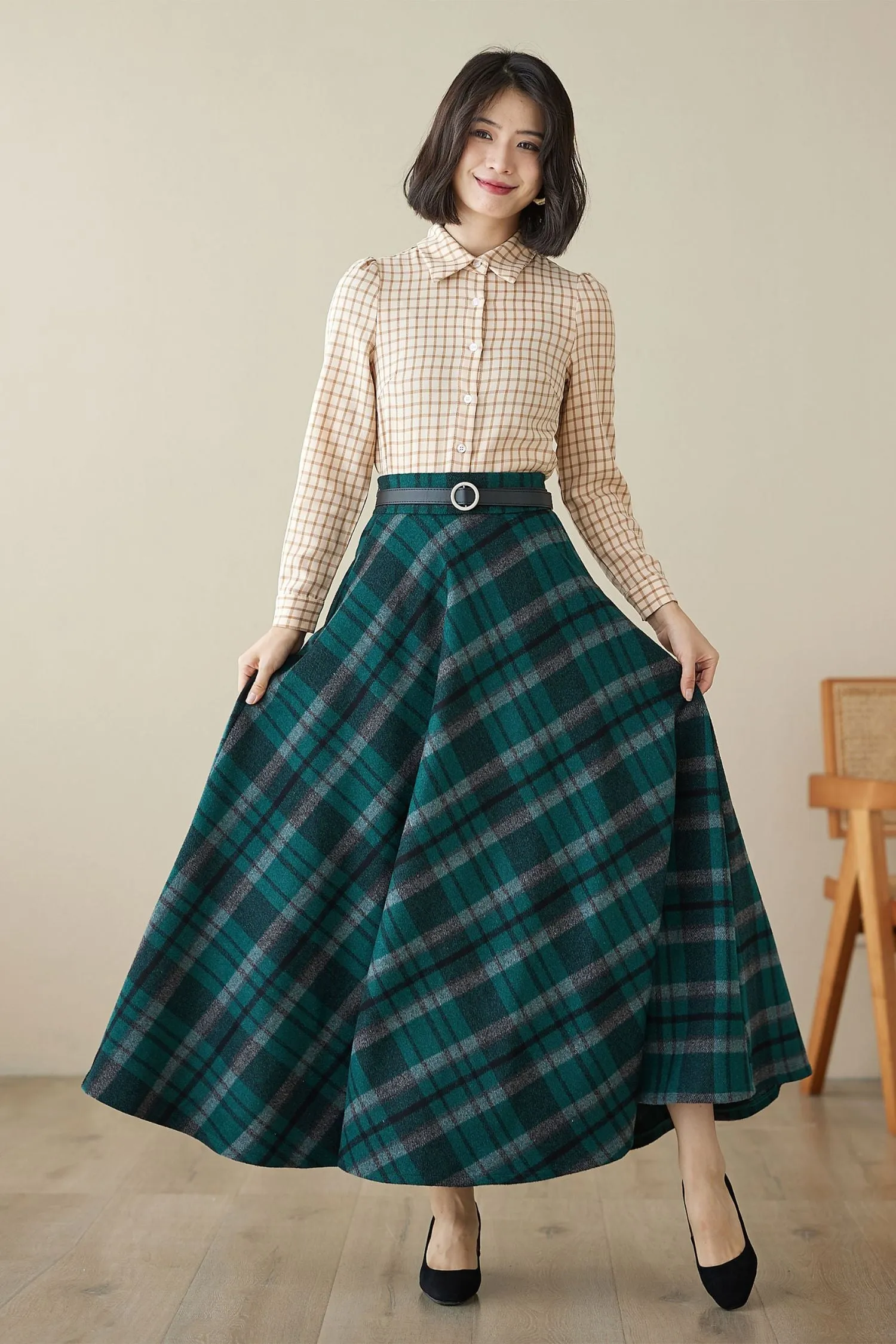 Vintage Inspired Long Wool Plaid Skirt 5264