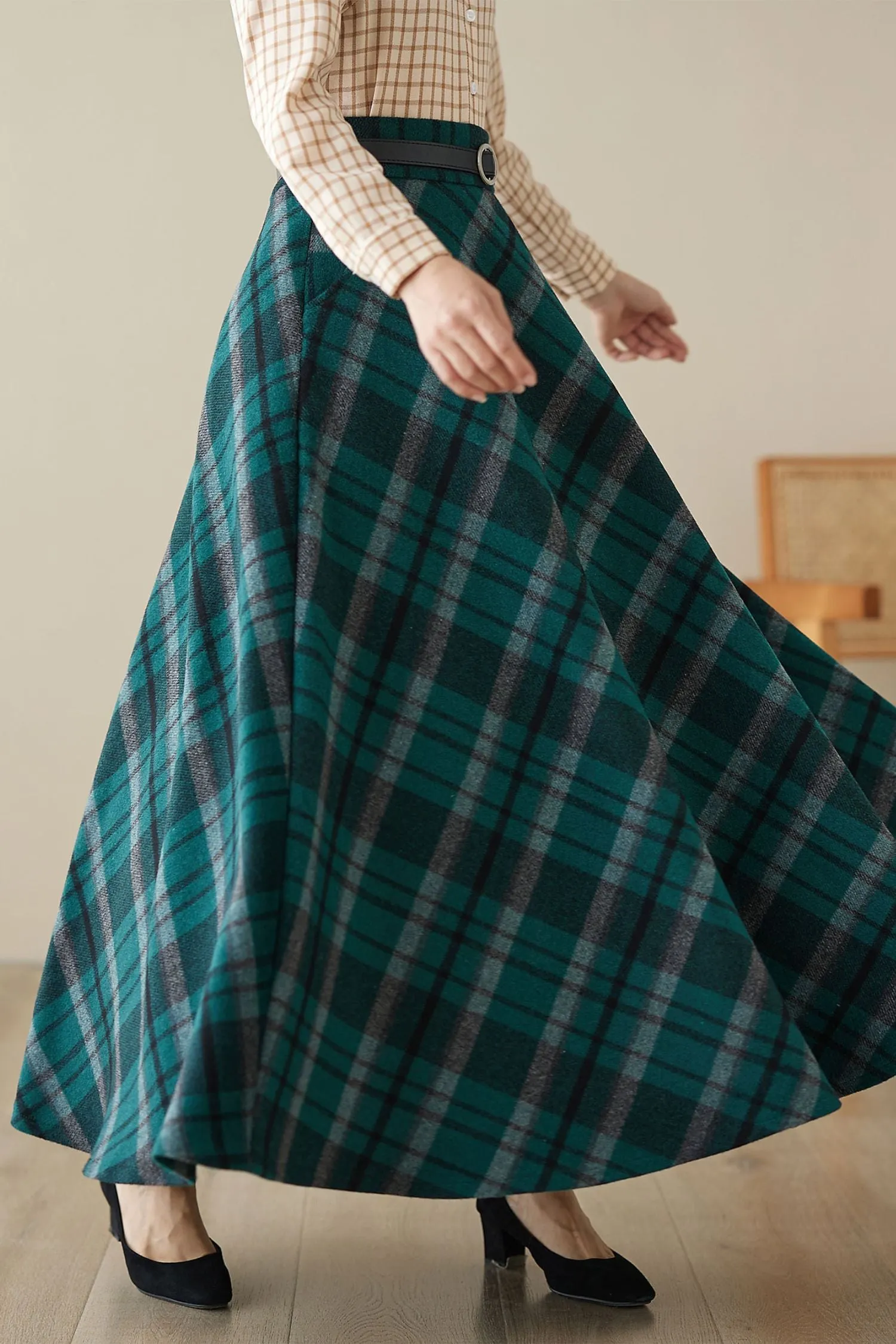 Vintage Inspired Long Wool Plaid Skirt 5264