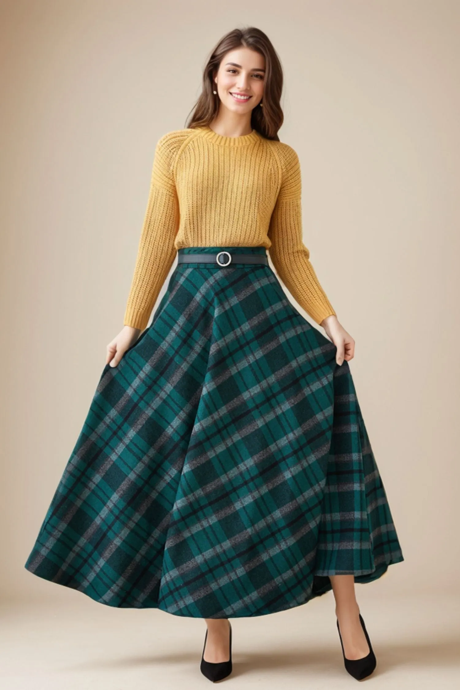 Vintage Inspired Long Wool Plaid Skirt 5264