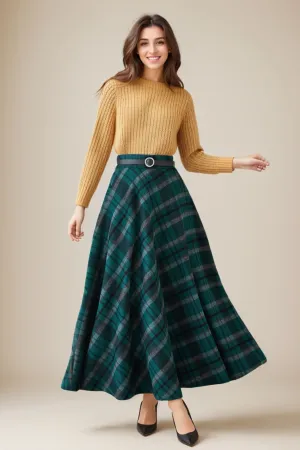 Vintage Inspired Long Wool Plaid Skirt 5264