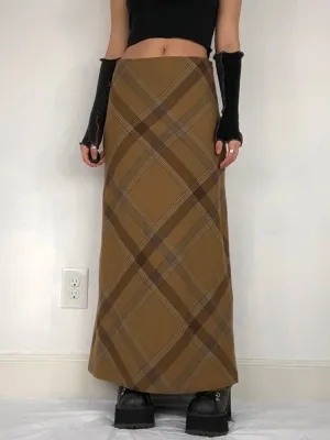 Vintage Khaki Plaid Long Skirt