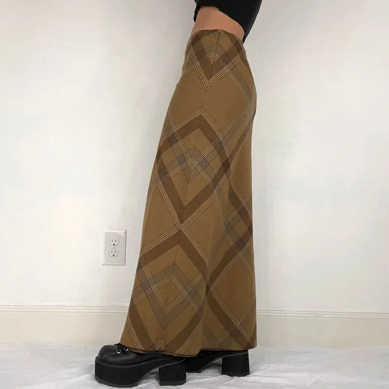 Vintage Khaki Plaid Long Skirt