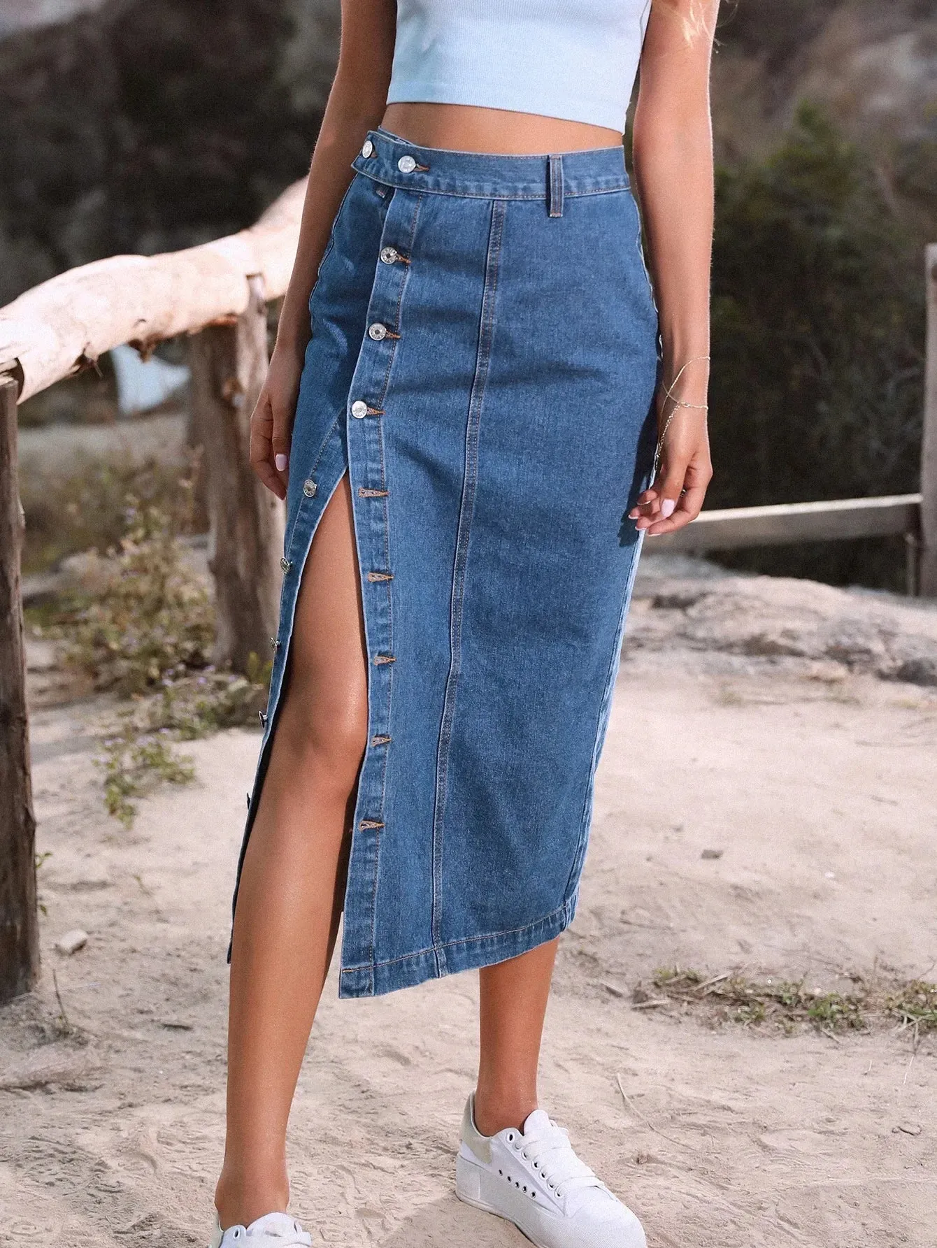 Vintage Maxi Denim Side-Split Long Skirt Bottom