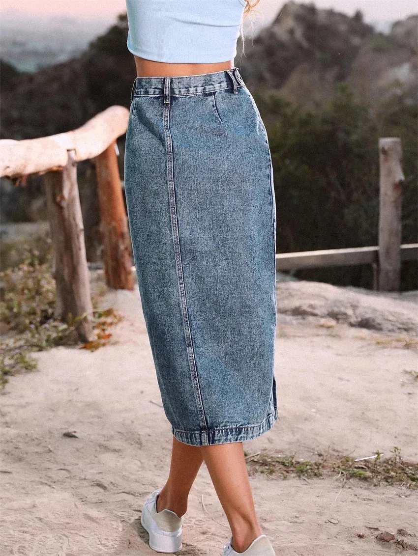 Vintage Maxi Denim Side-Split Long Skirt Bottom