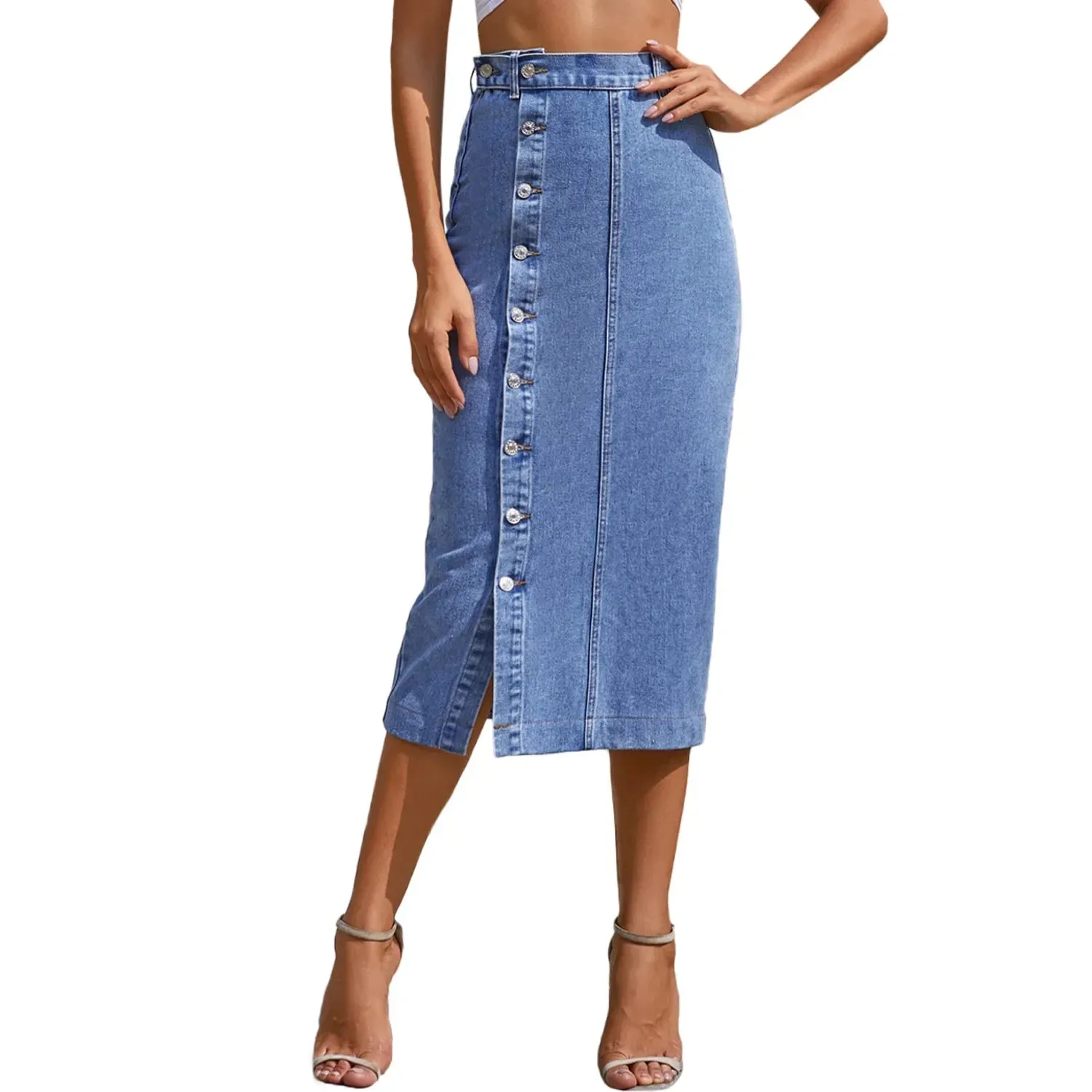 Vintage Maxi Denim Side-Split Long Skirt Bottom