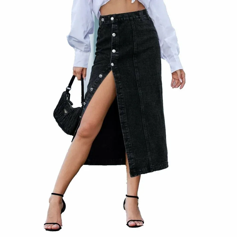 Vintage Maxi Denim Side-Split Long Skirt Bottom