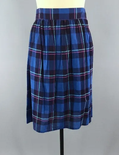 Vintage Midi Skirt / Bright Blue Plaid Cotton / 1950s