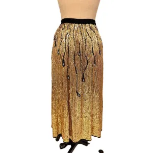 VTG 80s Gold Sequined Skirt Beaded Peacock Feather Design Sz S