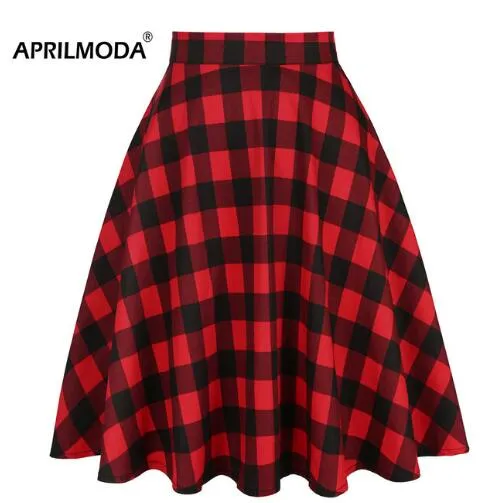 White Black Plaid Printed Women Cotton Skirt Party Fashion High Waist Retro Vintage England Midi Knee Length A-line School Skirt