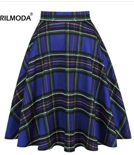 White Black Plaid Printed Women Cotton Skirt Party Fashion High Waist Retro Vintage England Midi Knee Length A-line School Skirt