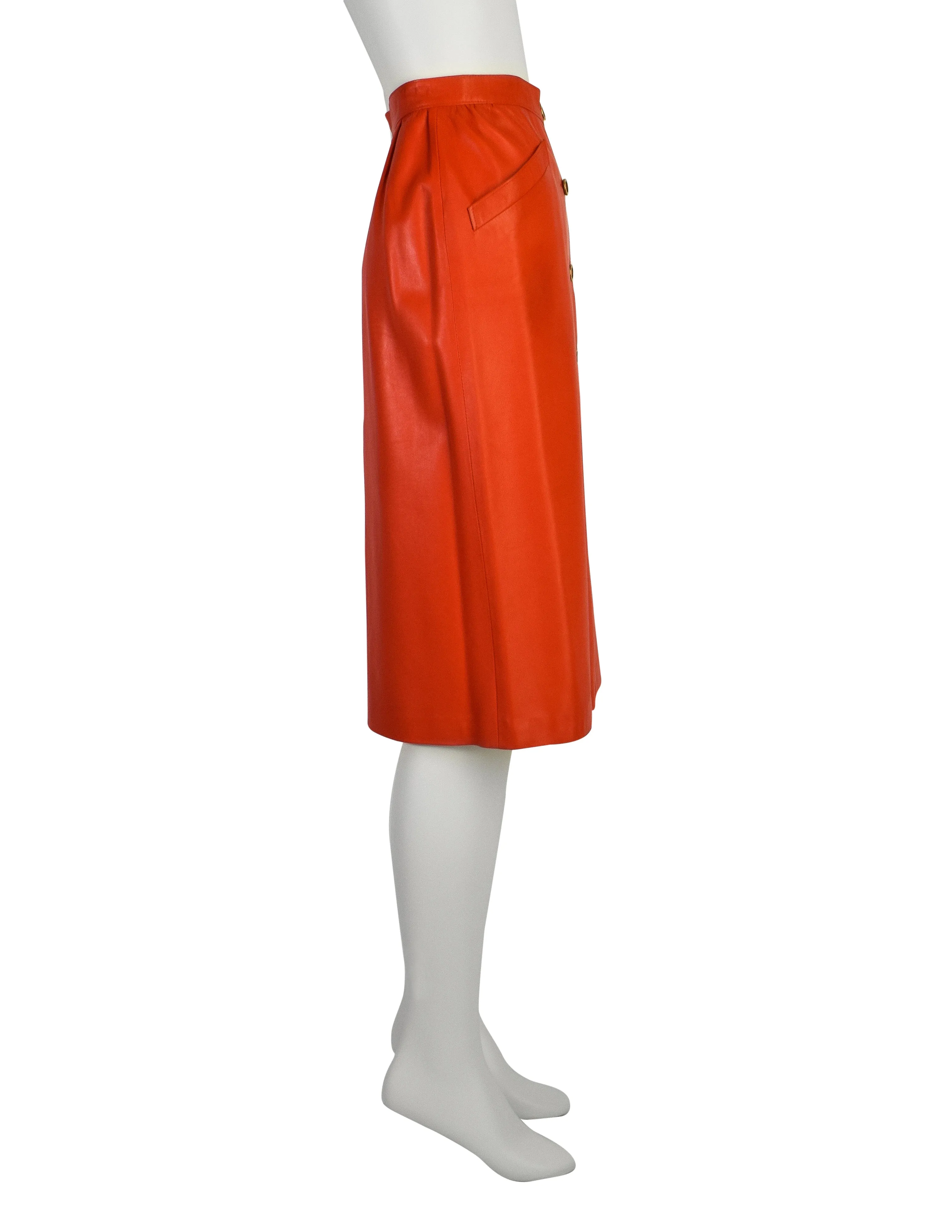 Yves Saint Laurent Vintage 1970s Orangey Red Lambskin Leather Skirt