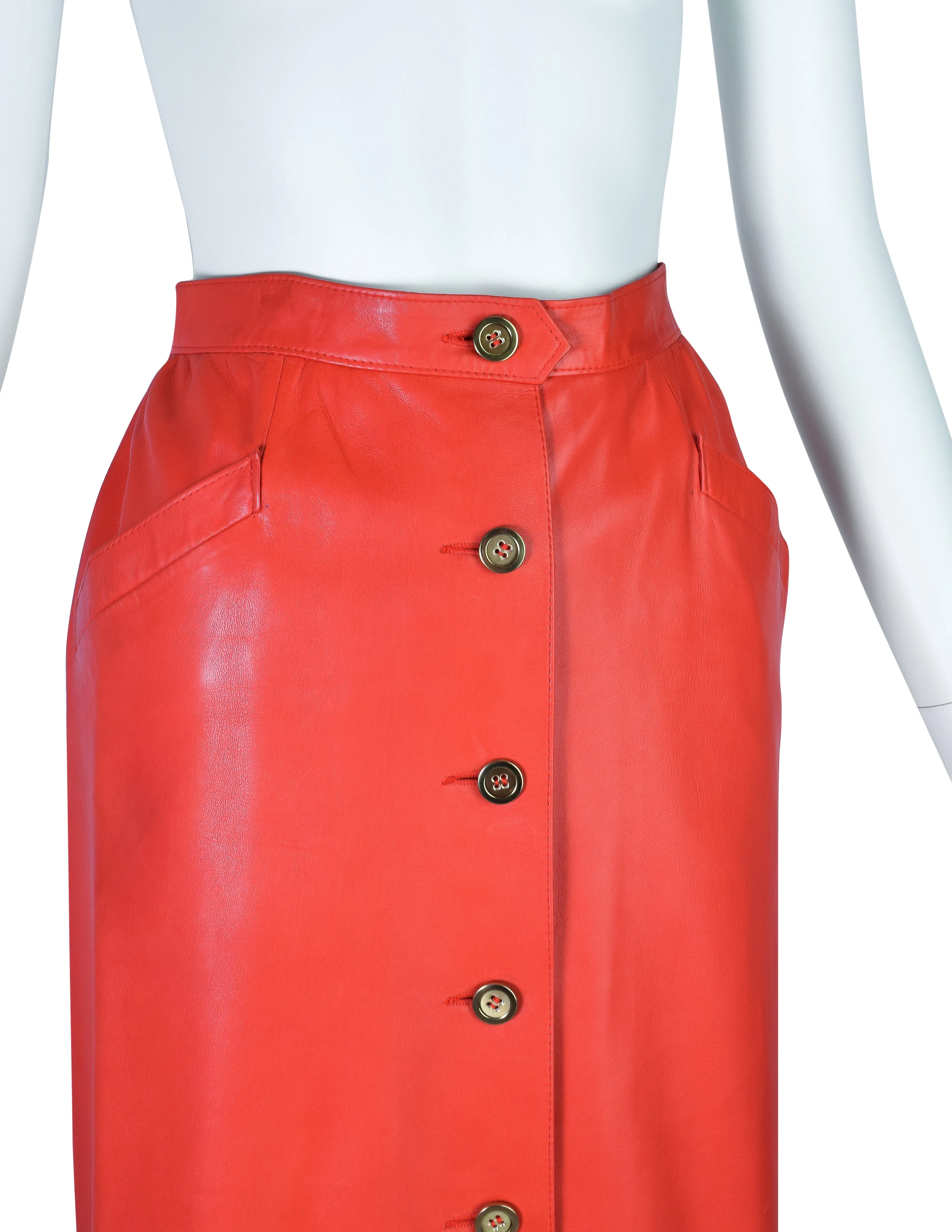 Yves Saint Laurent Vintage 1970s Orangey Red Lambskin Leather Skirt