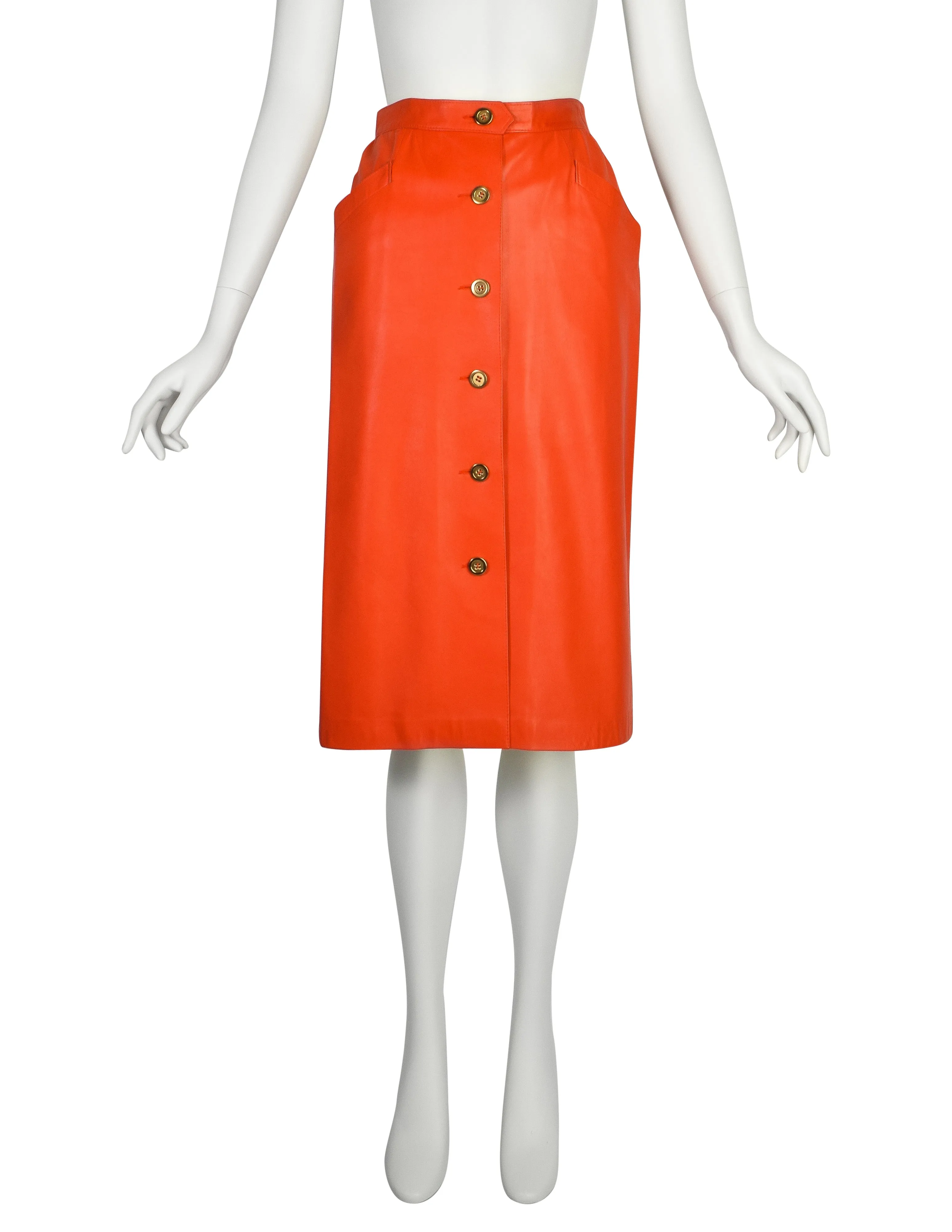 Yves Saint Laurent Vintage 1970s Orangey Red Lambskin Leather Skirt